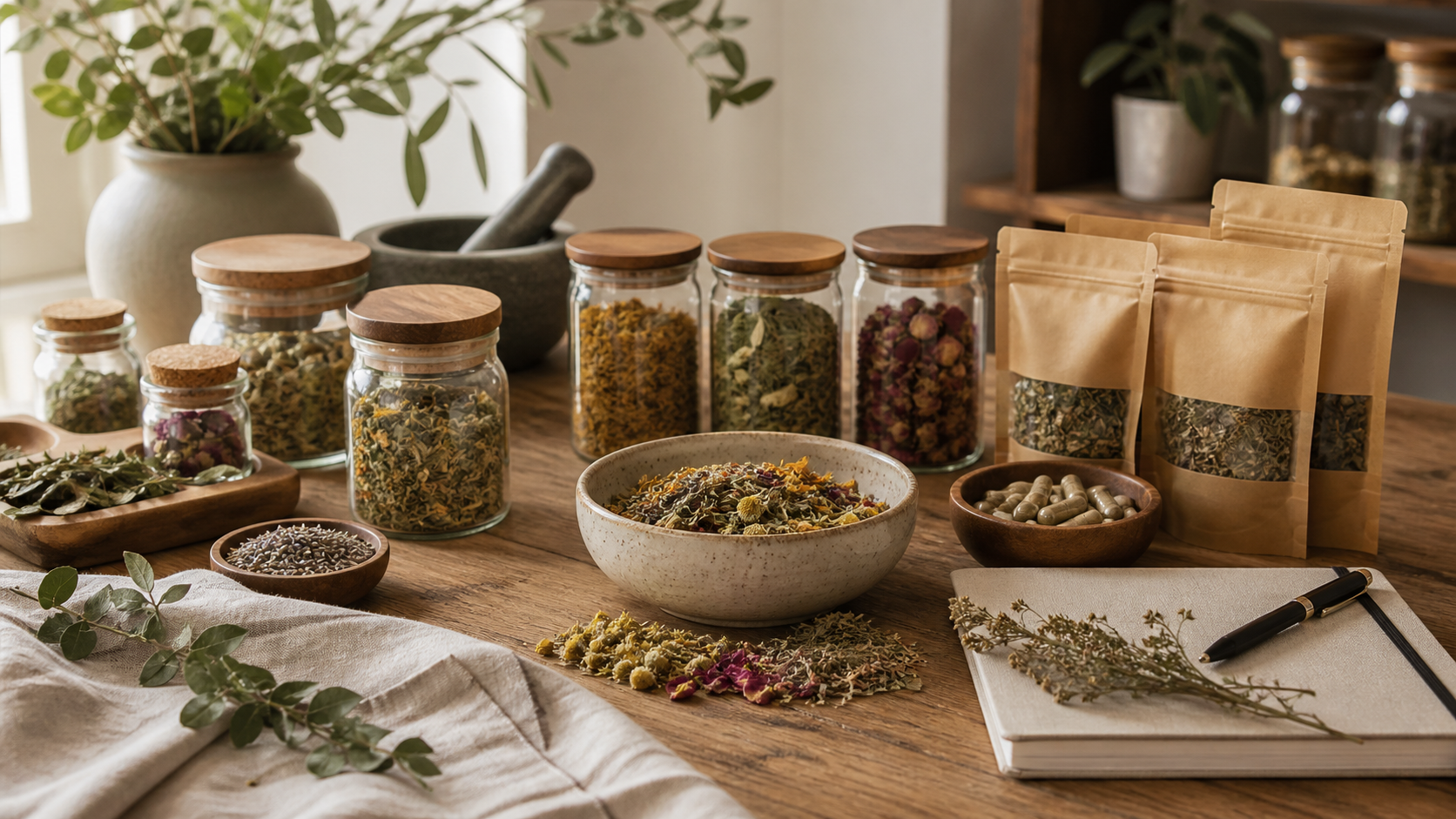 Carefully sourced botanicals arranged in an apothecary workspace